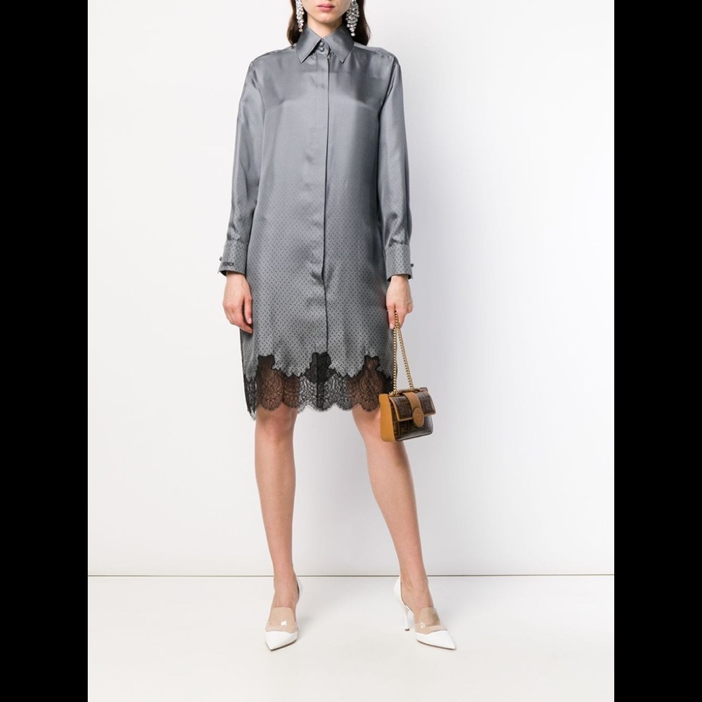 Fendi Long-Sleeved Shirt Dress Grey w/Black Lace